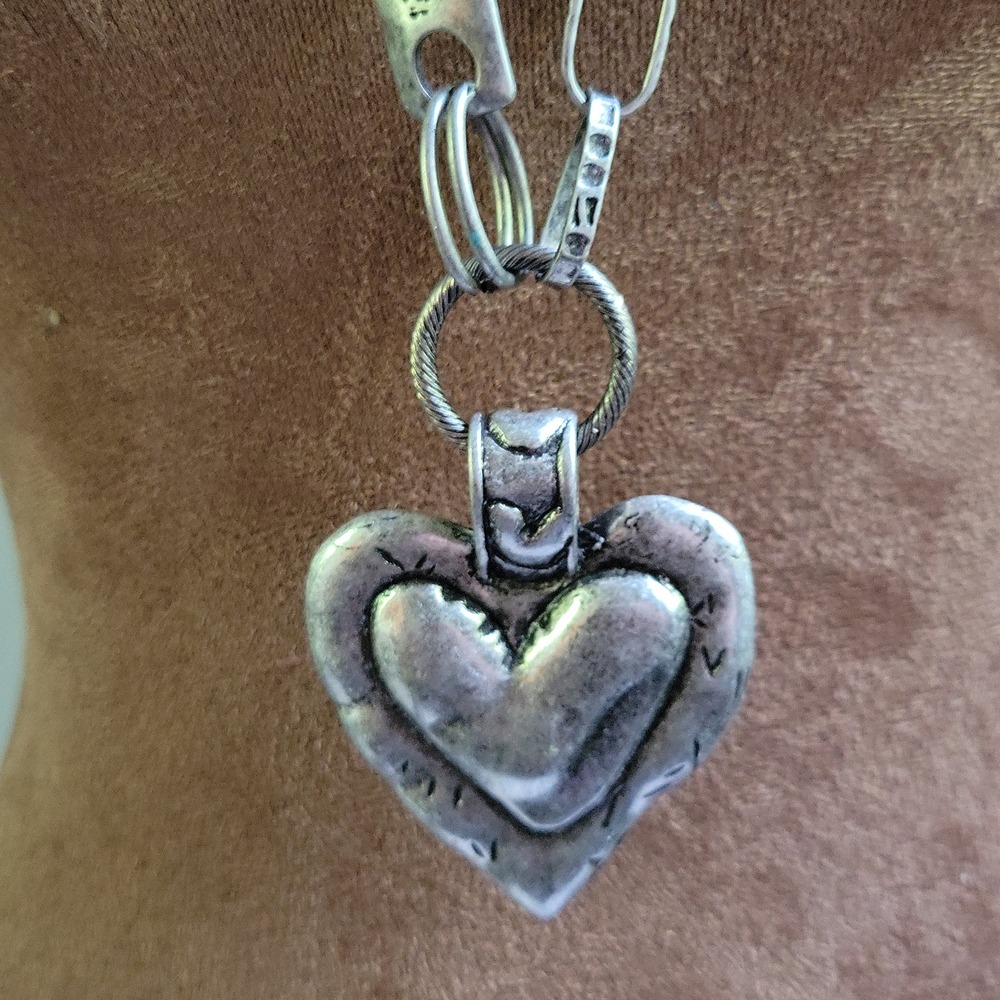 Silver Tone Chunky Mixed Link Heart Pendant Necklace 32" Whimsical